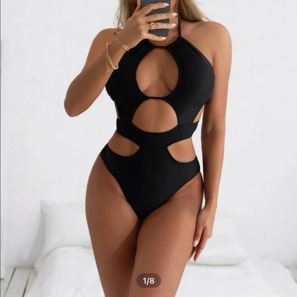 cutout halter black one piece swimsuit - Picture 1 of 5